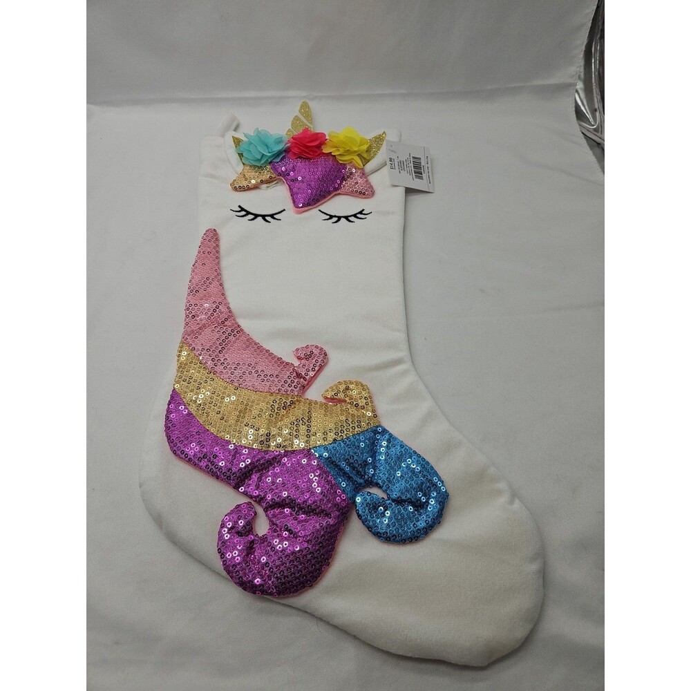 Christmas Stocking Unicorn Glitter Sequin Bows Lined Stitched Eyelashes